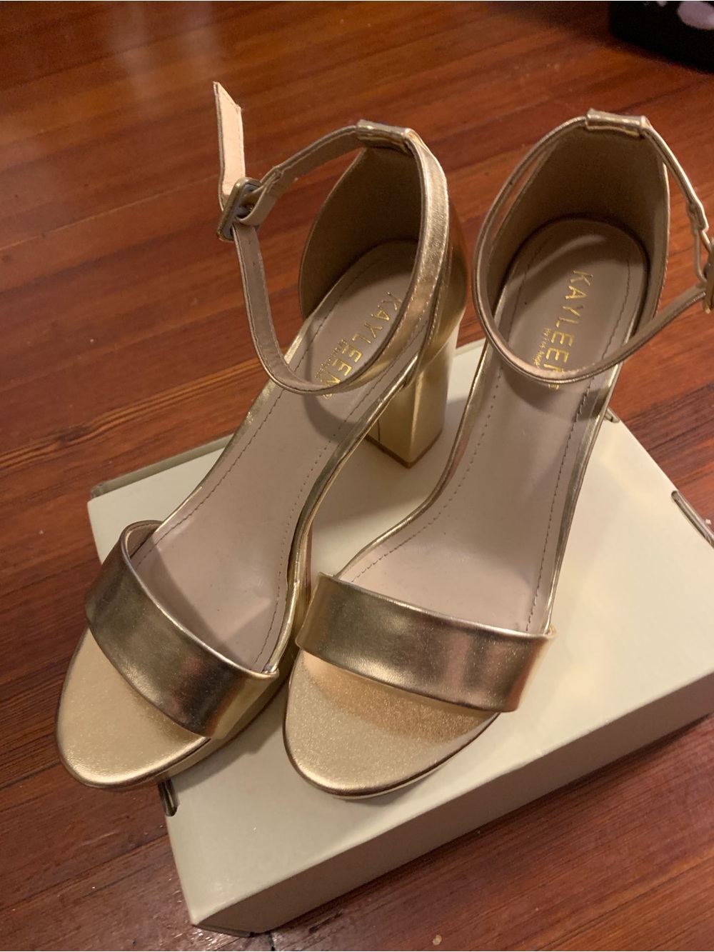 KAYLEEN By Los Angeles Metallic Gold Block Heel Ankle-Strap Sandals